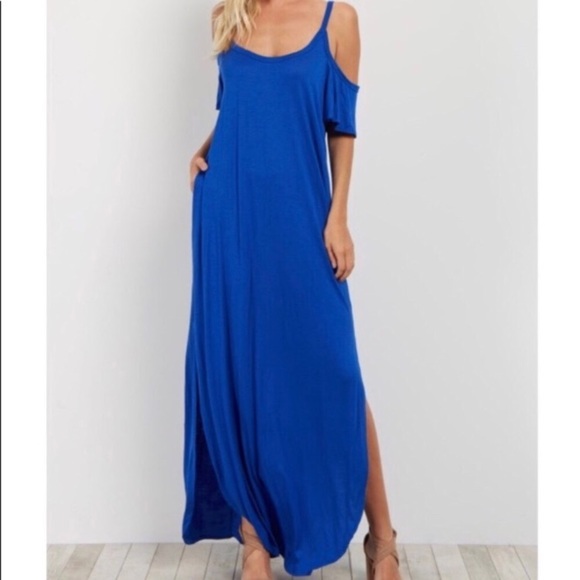 1 Medium LEFT! Cold Shoulder Maxi Dress Royal Blue - Picture 5 of 8